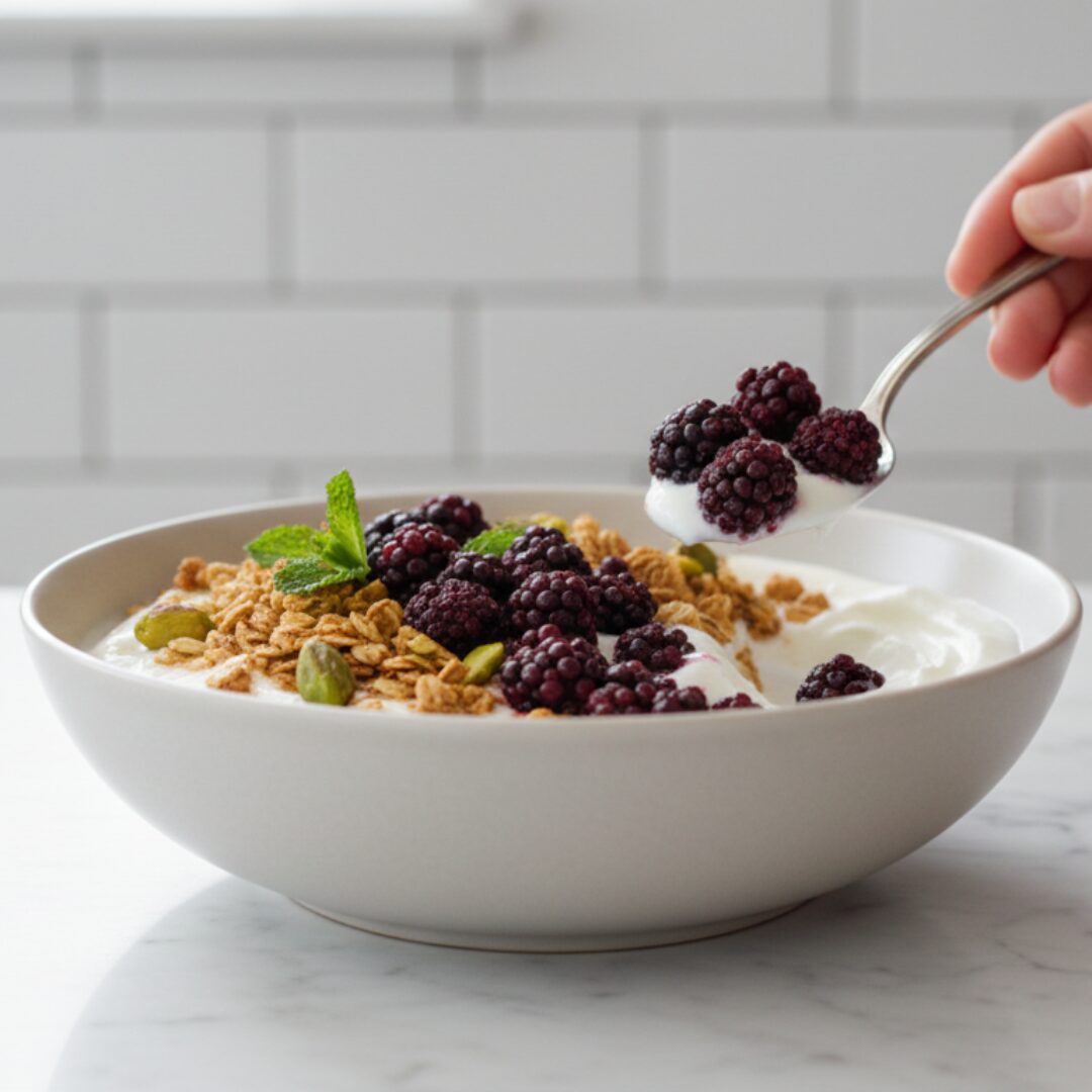 Mann und Frau mit gefriergetrockneten Brombeeren
