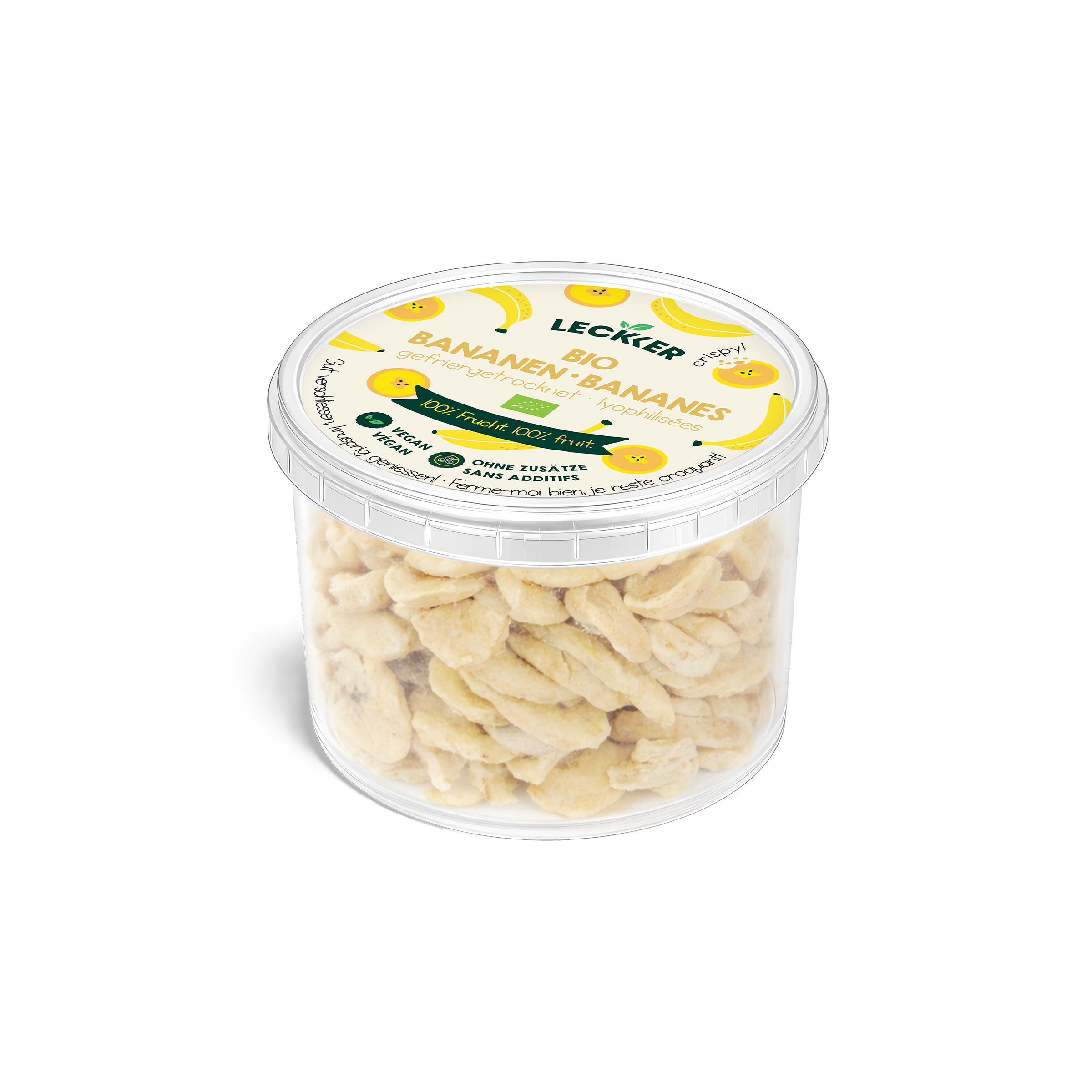 gefriergetrocknete Banane und frische Banane vor rosa Hintergrund